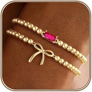 Turandoss Birthstone Beaded Bracelets for Women – Dainty 14K Gold Plated Bow Beaded Stretch Bracelets Stackable Created 12 Month Birthstone Bracelet Birthday Jewelry for Women Teen Girls Gifts(07.July(Ruby))