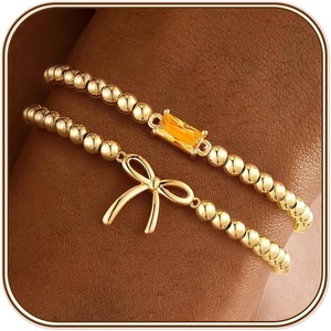 Turandoss Birthstone Beaded Bracelets for Women – Dainty 14K Gold Plated Bow Beaded Stretch Bracelets Stackable Created 12 Month Birthstone Bracelet Birthday Jewelry for Women Teen Girls Gifts(11.November(Citrine))