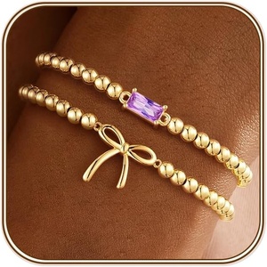 Turandoss Birthstone Beaded Bracelets for Women – Dainty 14K Gold Plated Bow Beaded Stretch Bracelets Stackable Created 12 Month Birthstone Bracelet Birthday Jewelry for Women Teen Girls Gifts(02.February(Amethyst))