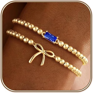 Turandoss Birthstone Beaded Bracelets for Women – Dainty 14K Gold Plated Bow Beaded Stretch Bracelets Stackable Created 12 Month Birthstone Bracelet Birthday Jewelry for Women Teen Girls Gifts(09.September(Sapphire))