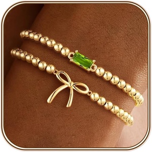 Turandoss Birthstone Beaded Bracelets for Women – Dainty 14K Gold Plated Bow Beaded Stretch Bracelets Stackable Created 12 Month Birthstone Bracelet Birthday Jewelry for Women Teen Girls Gifts(08.August(Peridot))