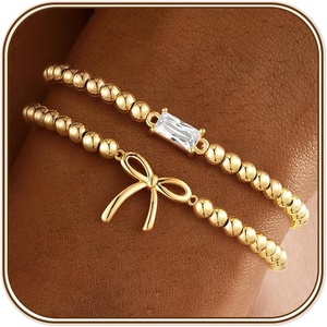 Turandoss Birthstone Beaded Bracelets for Women – Dainty 14K Gold Plated Bow Beaded Stretch Bracelets Stackable Created 12 Month Birthstone Bracelet Birthday Jewelry for Women Teen Girls Gifts(04.April(Clear CZ))