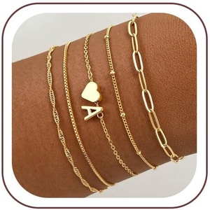 Turandoss Initial Bracelet Set for Women – 5PCS Dainty 14K Gold Plated Heart Letter A-Z Charm Bracelets Stackable Paperclip Link Chain Bracelets Trendy Jewelry Birthday Gifts for Women Friend Girlfriend(A.)