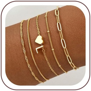 Turandoss Initial Bracelet Set for Women – 5PCS Dainty 14K Gold Plated Heart Letter A-Z Charm Bracelets Stackable Paperclip Link Chain Bracelets Trendy Jewelry Birthday Gifts for Women Friend Girlfriend(L)