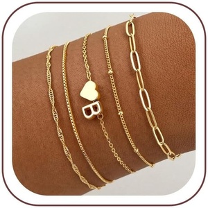 Turandoss Initial Bracelet Set for Women – 5PCS Dainty 14K Gold Plated Heart Letter A-Z Charm Bracelets Stackable Paperclip Link Chain Bracelets Trendy Jewelry Birthday Gifts for Women Friend Girlfriend(B)