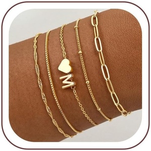 Turandoss Initial Bracelet Set for Women – 5PCS Dainty 14K Gold Plated Heart Letter A-Z Charm Bracelets Stackable Paperclip Link Chain Bracelets Trendy Jewelry Birthday Gifts for Women Friend Girlfriend(M)