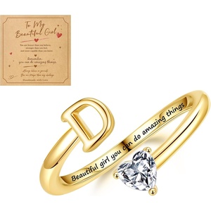 Turandoss Initial Rings for Teen Girls Kids Trendy Stuff | 14K Gold Plate Dainty Adjustable Letter A-Z Ring with Heart Zirconia, Birthday Inspirational Jewelry Gifts Gift Card(D)