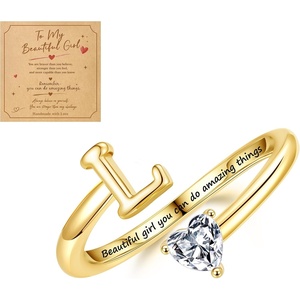 Turandoss Initial Rings for Teen Girls Kids Trendy Stuff | 14K Gold Plate Dainty Adjustable Letter A-Z Ring with Heart Zirconia, Birthday Inspirational Jewelry Gifts Gift Card(L)