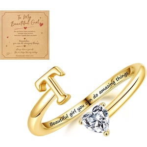 Turandoss Initial Rings for Teen Girls Kids Trendy Stuff | 14K Gold Plate Dainty Adjustable Letter A-Z Ring with Heart Zirconia, Birthday Inspirational Jewelry Gifts Gift Card(T)