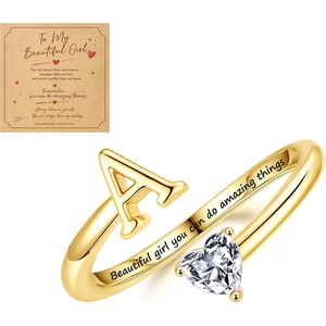 Turandoss Initial Rings for Teen Girls Kids Trendy Stuff | 14K Gold Plate Dainty Adjustable Letter A-Z Ring with Heart Zirconia, Birthday Inspirational Jewelry Gifts Gift Card(A.)