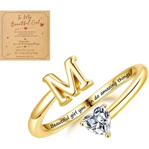 Turandoss Initial Rings for Teen Girls Kids Trendy Stuff | 14K Gold Plate Dainty Adjustable Letter A-Z Ring with Heart Zirconia, Birthday Inspirational Jewelry Gifts Gift Card(M)