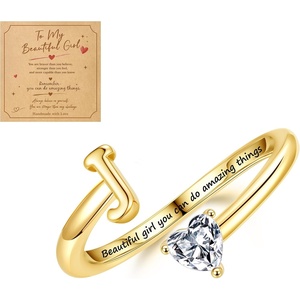 Turandoss Initial Rings for Teen Girls Kids Trendy Stuff | 14K Gold Plate Dainty Adjustable Letter A-Z Ring with Heart Zirconia, Birthday Inspirational Jewelry Gifts Gift Card(J)