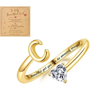 Turandoss Initial Rings for Teen Girls Kids Trendy Stuff | 14K Gold Plate Dainty Adjustable Letter A-Z Ring with Heart Zirconia, Birthday Inspirational Jewelry Gifts Gift Card(C)