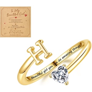Turandoss Initial Rings for Teen Girls Kids Trendy Stuff | 14K Gold Plate Dainty Adjustable Letter A-Z Ring with Heart Zirconia, Birthday Inspirational Jewelry Gifts Gift Card(H)