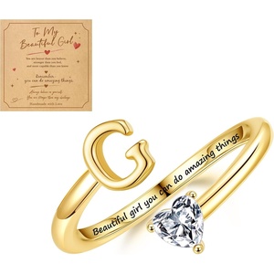 Turandoss Initial Rings for Teen Girls Kids Trendy Stuff | 14K Gold Plate Dainty Adjustable Letter A-Z Ring with Heart Zirconia, Birthday Inspirational Jewelry Gifts Gift Card(G)