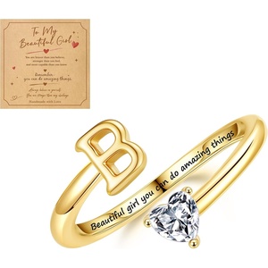 Turandoss Initial Rings for Teen Girls Kids Trendy Stuff | 14K Gold Plate Dainty Adjustable Letter A-Z Ring with Heart Zirconia, Birthday Inspirational Jewelry Gifts Gift Card(B)