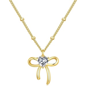Turandoss Bow Birthstone Pendant Necklaces Jewelry Gifts for Women | Dainty 14K Gold Plated Bow Heart Pendant Necklace Elegant Heart Birthstone Birthday Jewelry Gifts for Wife Girlfriend Her(04-Apr-Lab White Cubic Zirconia)
