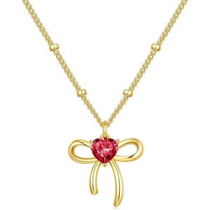 Turandoss Bow Birthstone Pendant Necklaces Jewelry Gifts for Women | Dainty 14K Gold Plated Bow Heart Pendant Necklace Elegant Heart Birthstone Birthday Jewelry Gifts for Wife Girlfriend Her(07-Jul-Lab Ruby)
