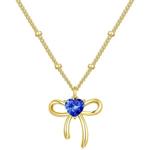 Turandoss Bow Birthstone Pendant Necklaces Jewelry Gifts for Women | Dainty 14K Gold Plated Bow Heart Pendant Necklace Elegant Heart Birthstone Birthday Jewelry Gifts for Wife Girlfriend Her(09-Sep-Lab Sapphire)