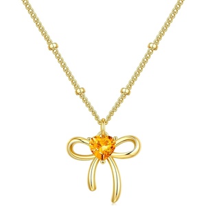 Turandoss Bow Birthstone Pendant Necklaces Jewelry Gifts for Women | Dainty 14K Gold Plated Bow Heart Pendant Necklace Elegant Heart Birthstone Birthday Jewelry Gifts for Wife Girlfriend Her(11-Nov-Lab Citrine)