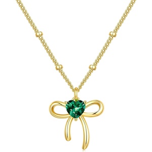 Turandoss Bow Birthstone Pendant Necklaces Jewelry Gifts for Women | Dainty 14K Gold Plated Bow Heart Pendant Necklace Elegant Heart Birthstone Birthday Jewelry Gifts for Wife Girlfriend Her(05-May-Lab Emerald)