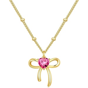 Turandoss Bow Birthstone Pendant Necklaces Jewelry Gifts for Women | Dainty 14K Gold Plated Bow Heart Pendant Necklace Elegant Heart Birthstone Birthday Jewelry Gifts for Wife Girlfriend Her(10-Oct-Lab Pink Tourmaline)