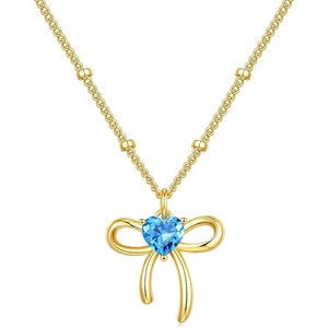 Turandoss Bow Birthstone Pendant Necklaces Jewelry Gifts for Women | Dainty 14K Gold Plated Bow Heart Pendant Necklace Elegant Heart Birthstone Birthday Jewelry Gifts for Wife Girlfriend Her(03-Mar-Lab Aquamarine)