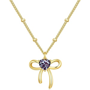 Turandoss Bow Birthstone Pendant Necklaces Jewelry Gifts for Women | Dainty 14K Gold Plated Bow Heart Pendant Necklace Elegant Heart Birthstone Birthday Jewelry Gifts for Wife Girlfriend Her(06-Jun-Lab Alexandrite)