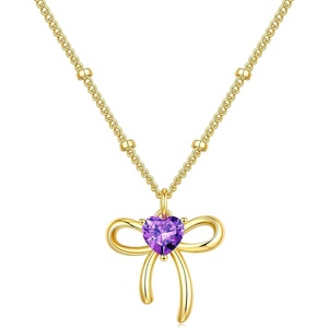 Turandoss Bow Birthstone Pendant Necklaces Jewelry Gifts for Women | Dainty 14K Gold Plated Bow Heart Pendant Necklace Elegant Heart Birthstone Birthday Jewelry Gifts for Wife Girlfriend Her(02-Feb-Lab Amethyst)