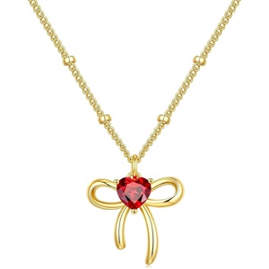 Turandoss Bow Birthstone Pendant Necklaces Jewelry Gifts for Women | Dainty 14K Gold Plated Bow Heart Pendant Necklace Elegant Heart Birthstone Birthday Jewelry Gifts for Wife Girlfriend Her(01-Jan-Lab Garnet)
