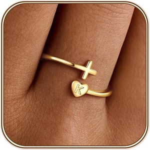 Turandoss Initial Cross Rings for Teen Girls – Adjustable Heart Letter Ring | 14K Gold Plated Dainty Heart Initial Adjustable Open Ring for Girls Women Personalized Faith Jewelry(K)