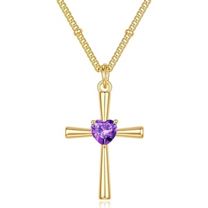 Turandoss Cross Birthstone Necklace for Women 14K Gold Plated Faith Jewelry | Birthstone Necklaces for Women 1-12 Month Created Birthstone Necklace Birthday Faith Jewelry First Communion Gifts for Girls(February)