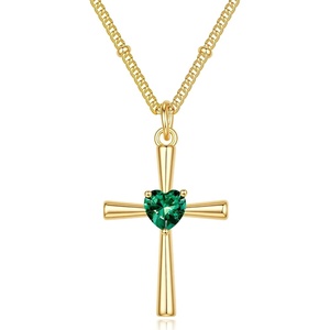 Turandoss Cross Birthstone Necklace for Women 14K Gold Plated Faith Jewelry | Birthstone Necklaces for Women 1-12 Month Created Birthstone Necklace Birthday Faith Jewelry First Communion Gifts for Girls(May)