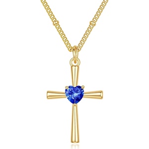 Turandoss Cross Birthstone Necklace for Women 14K Gold Plated Faith Jewelry | Birthstone Necklaces for Women 1-12 Month Created Birthstone Necklace Birthday Faith Jewelry First Communion Gifts for Girls(September)