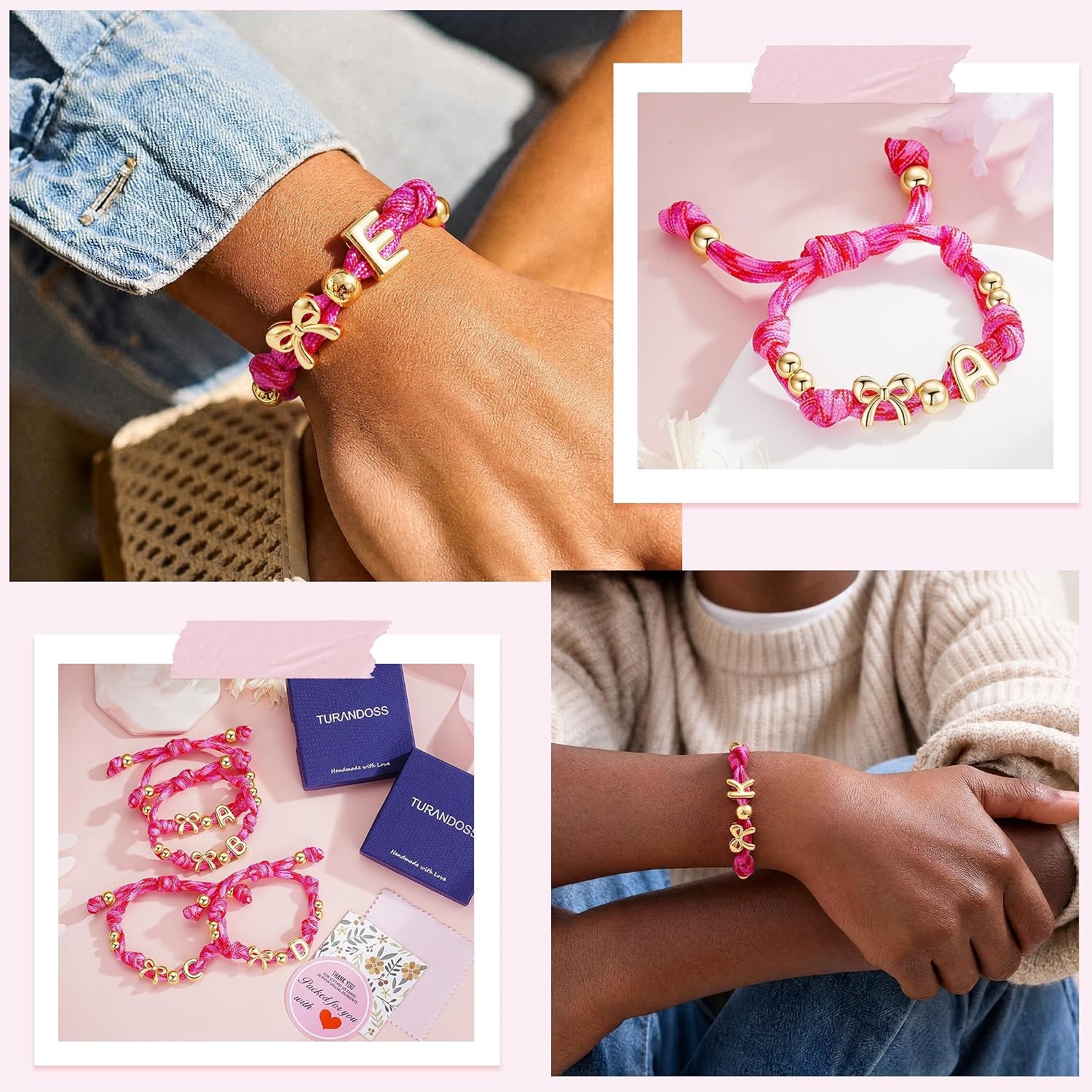 image:imageInitial Pink Bow Knotty Initial Bracelets for Women Trendy 14K Gold Plated Beaded Letter Charm Adjustable Bracelet Personalized Cute Cord Pink Rope AZ Bracelet for Her Birthday GiftsG