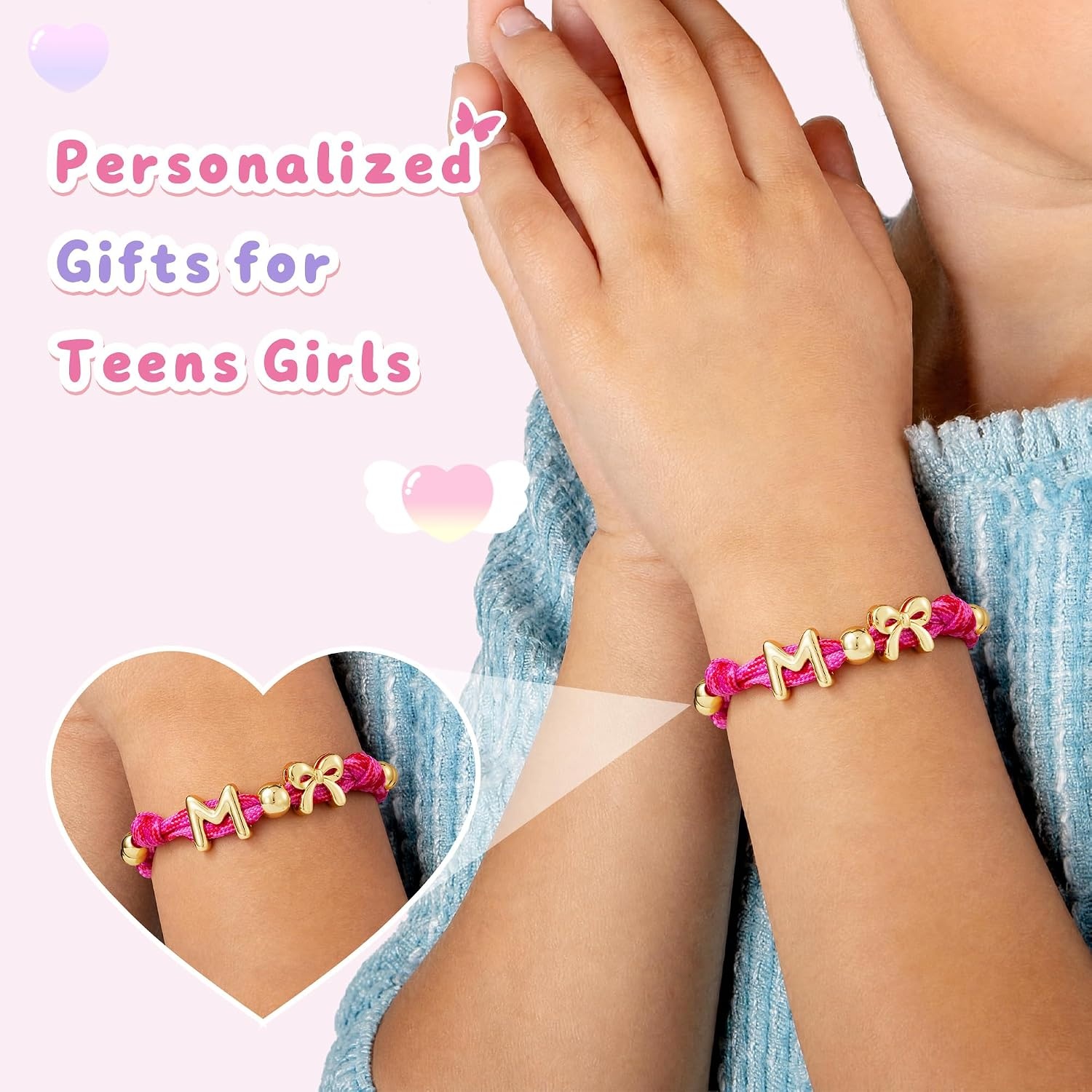 image:imageInitial Pink Bow Knotty Initial Bracelets for Women Trendy 14K Gold Plated Beaded Letter Charm Adjustable Bracelet Personalized Cute Cord Pink Rope AZ Bracelet for Her Birthday GiftsG