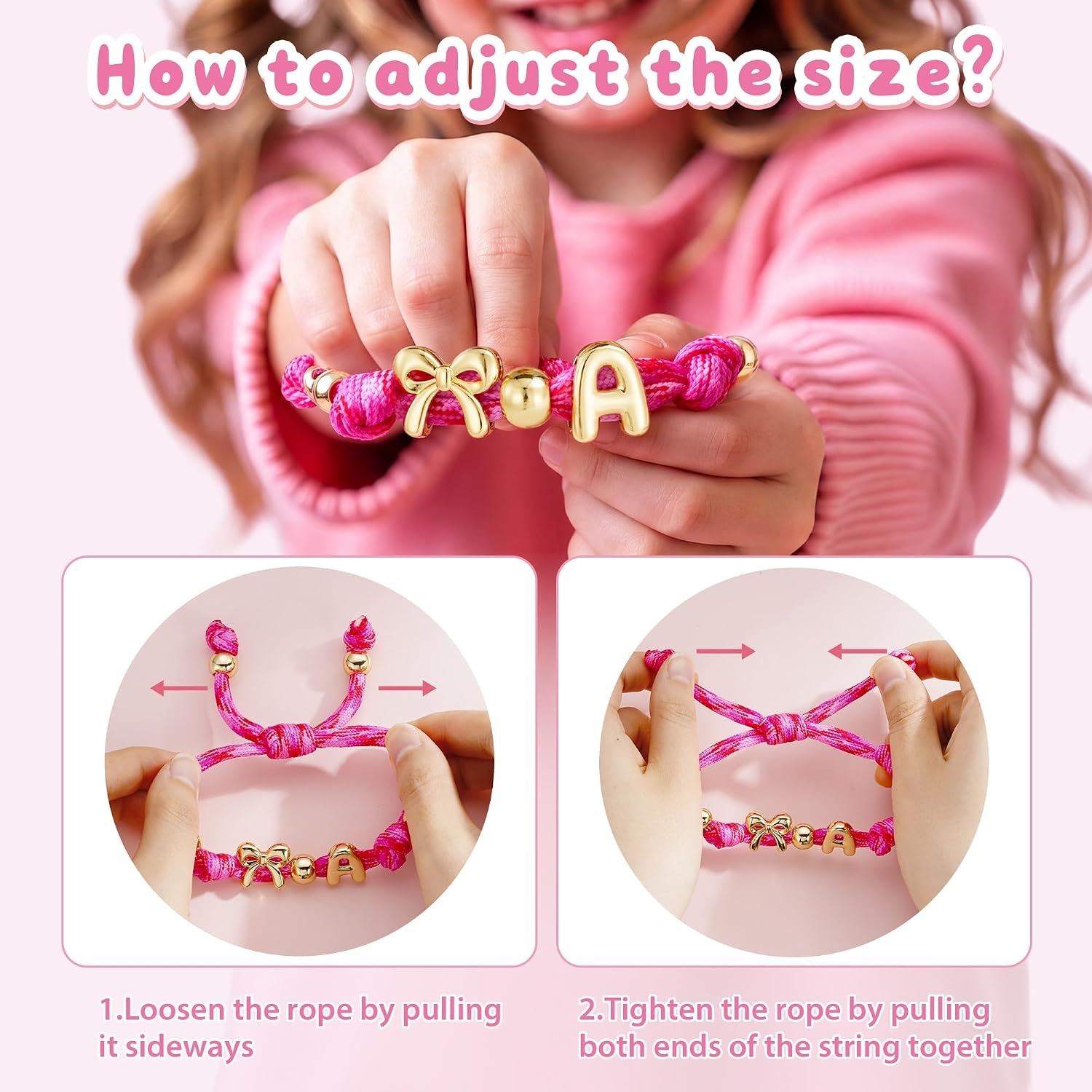 image:imageInitial Pink Bow Knotty Initial Bracelets for Women Trendy 14K Gold Plated Beaded Letter Charm Adjustable Bracelet Personalized Cute Cord Pink Rope AZ Bracelet for Her Birthday GiftsG