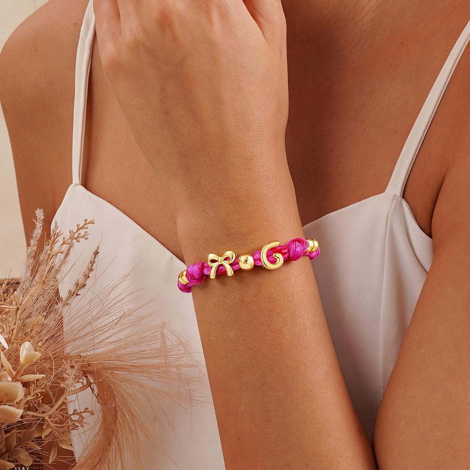 image:imageInitial Pink Bow Knotty Initial Bracelets for Women Trendy 14K Gold Plated Beaded Letter Charm Adjustable Bracelet Personalized Cute Cord Pink Rope AZ Bracelet for Her Birthday GiftsG