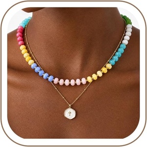 Turandoss Colorful Beaded Chunky Necklace Set for Women Girls Jewelry Gifts | Boho Statement Choker Necklaces, Layered Candy Resin Bead, 14K Gold Plated Pendant , Summer Beach Vacation Jewelry Gifts(Pink Cross Geometric Pendant Necklace)