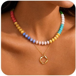 Turandoss Colorful Beaded Chunky Necklace Set for Women Girls Jewelry Gifts | Boho Statement Choker Necklaces, Layered Candy Resin Bead, 14K Gold Plated Pendant , Summer Beach Vacation Jewelry Gifts(Gold Geometric Pendant Necklace)