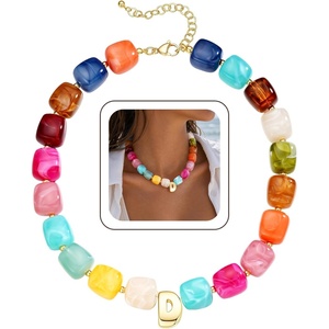 Turandoss Colorful Chunky Beaded Necklaces for Women – Summer Beach Jewelry | Colorful Initial A-Z Necklace, Large Square Acrylic Beaded Choker, Trendy Personalized Boho Vacation Jewelry Gifts for Women(Gold-D)
