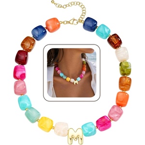 Turandoss Colorful Chunky Beaded Necklaces for Women – Summer Beach Jewelry | Colorful Initial A-Z Necklace, Large Square Acrylic Beaded Choker, Trendy Personalized Boho Vacation Jewelry Gifts for Women(Gold-M)
